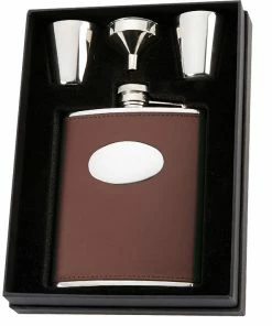 David Nickerson Brown Leather 6oz Hip Flask Presentation